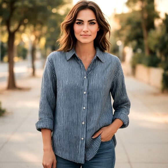 Sundays Anthropologie Striped Button Down Shirt sz M - Picture 1 of 15